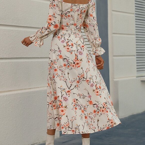 Apricot Boho Allover Floral Print Flounce Sleeve Knot Front Split Thigh Dr… - Picture 3 of 5